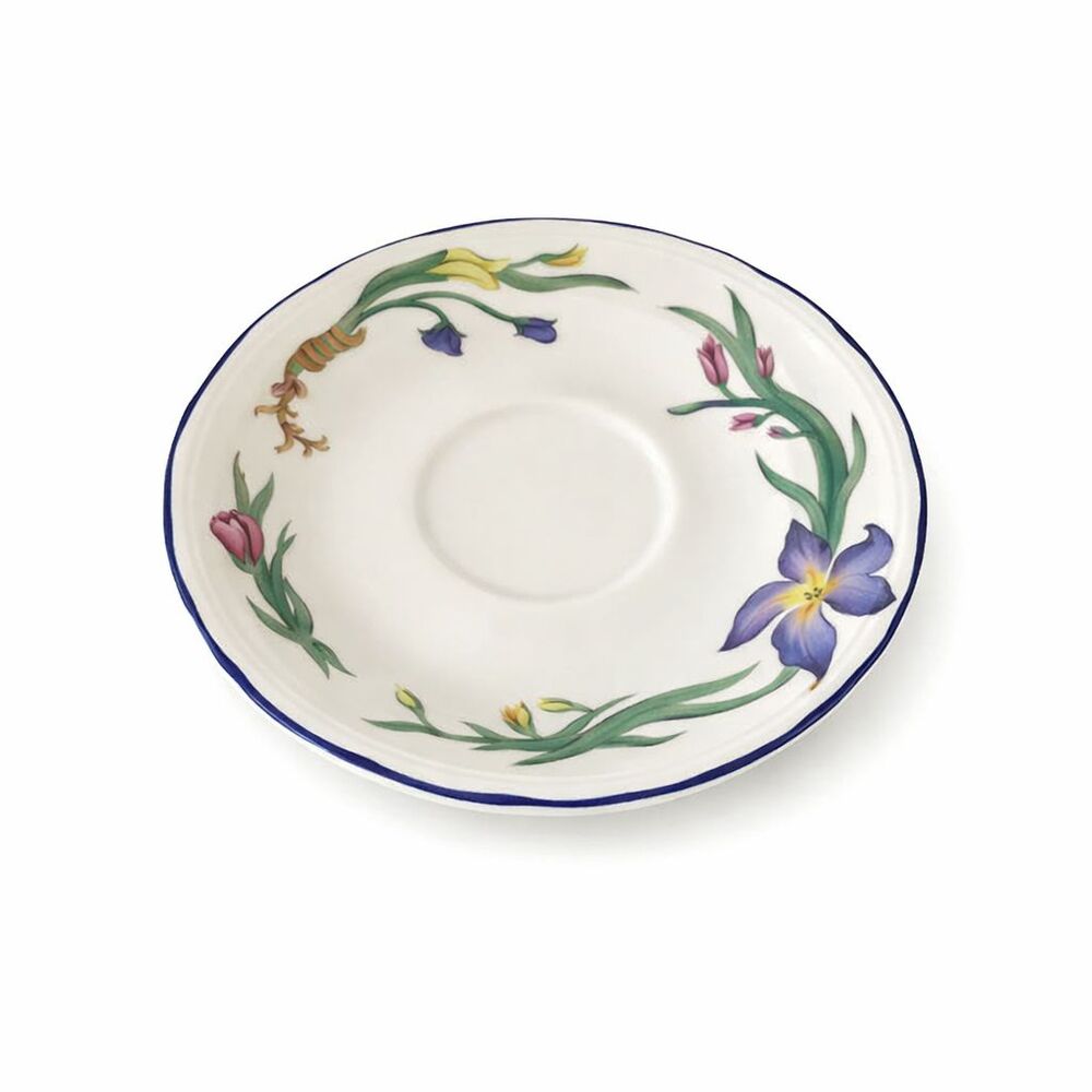 Set of 4 Gibson "Angel" Pattern Saucers Colorful Floral Motif Blue Rim